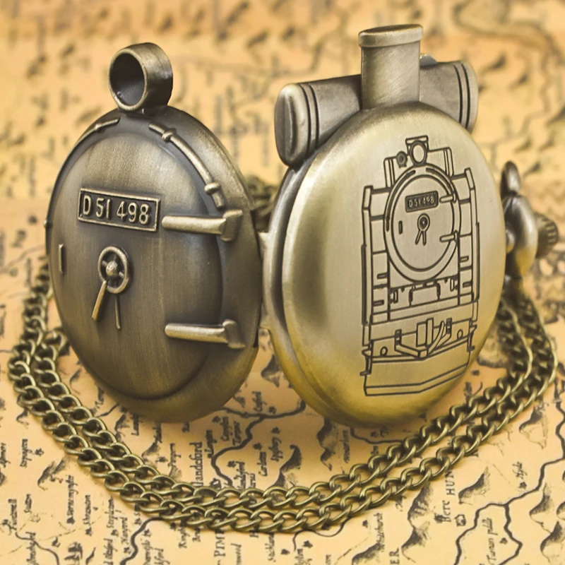 Vintage Bronze Steampunk Steam Train Carved Quartz Pocket Watch Necklace Pendant Clock Chain Men Women Chain Gift
