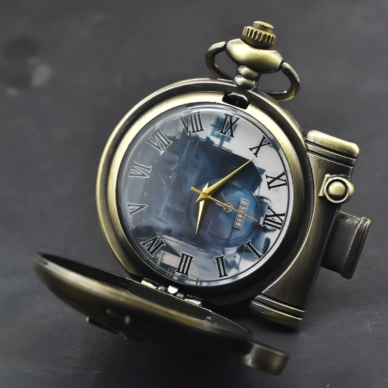 Vintage Bronze Steampunk Steam Train Carved Quartz Pocket Watch Necklace Pendant Clock Chain Men Women Chain Gift