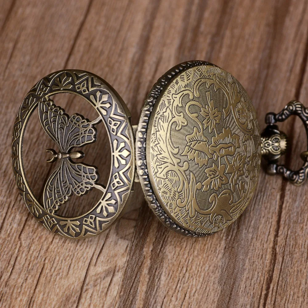 Vintage Butterfly Carving Hollow Design Pocket Watch Mens Womens Necklace Pendant Quartz Fob Watch Mens Womens Gifts