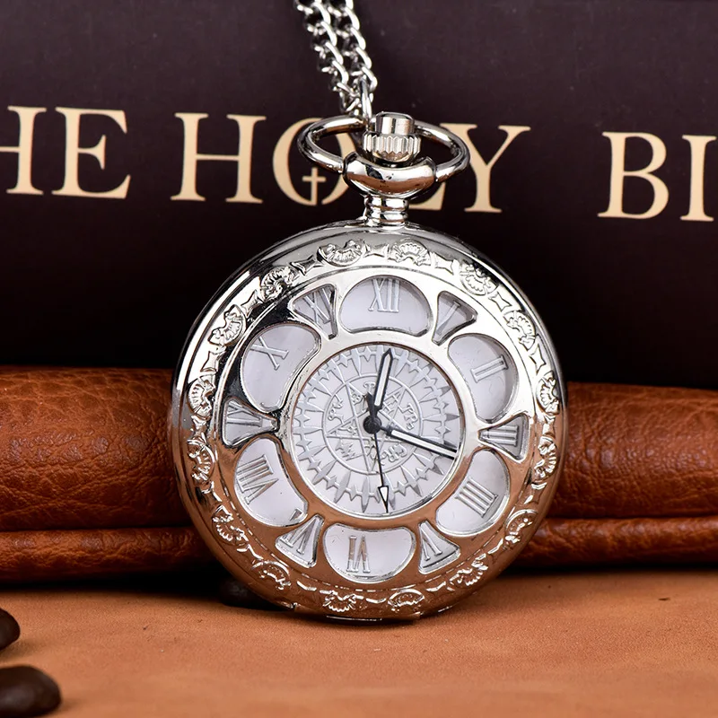 Creative Silvery Engraved Hollow Quartz Pocket Watch with Arabic Numerals Vintage Pendant Necklace for Birthday Gift Chain