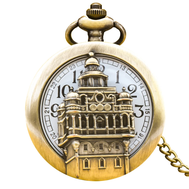 Vintage Bronze Steampunk Castle Carved Quartz Pocket Watch Necklace Pendant Clock Chain Men Women Chain Gift