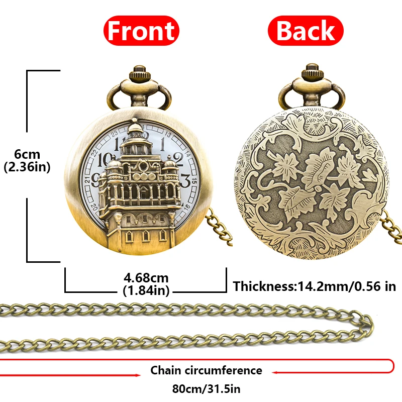 Vintage Bronze Steampunk Castle Carved Quartz Pocket Watch Necklace Pendant Clock Chain Men Women Chain Gift