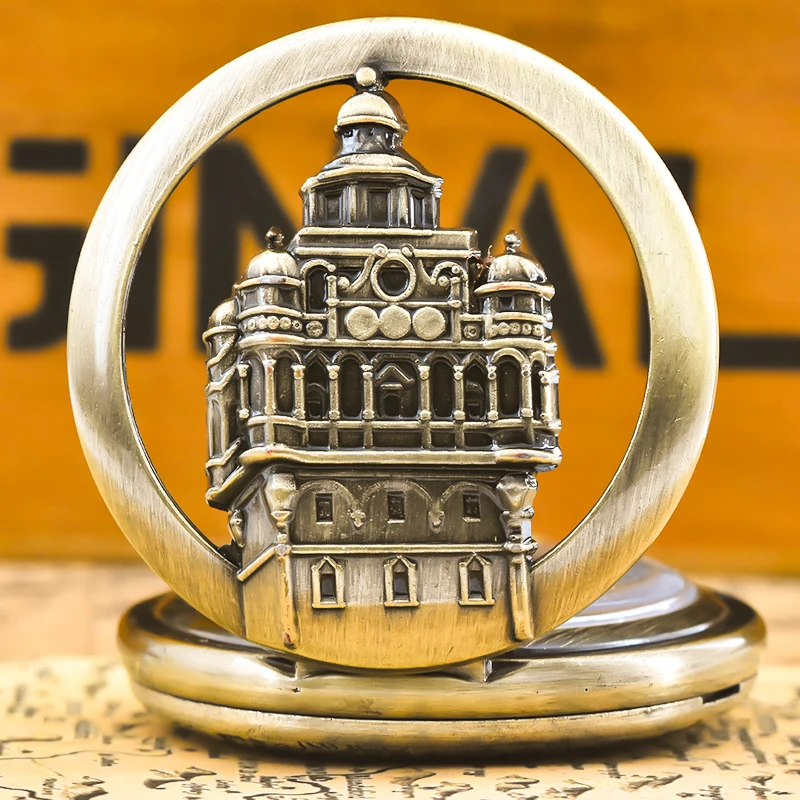 Vintage Bronze Steampunk Castle Carved Quartz Pocket Watch Necklace Pendant Clock Chain Men Women Chain Gift