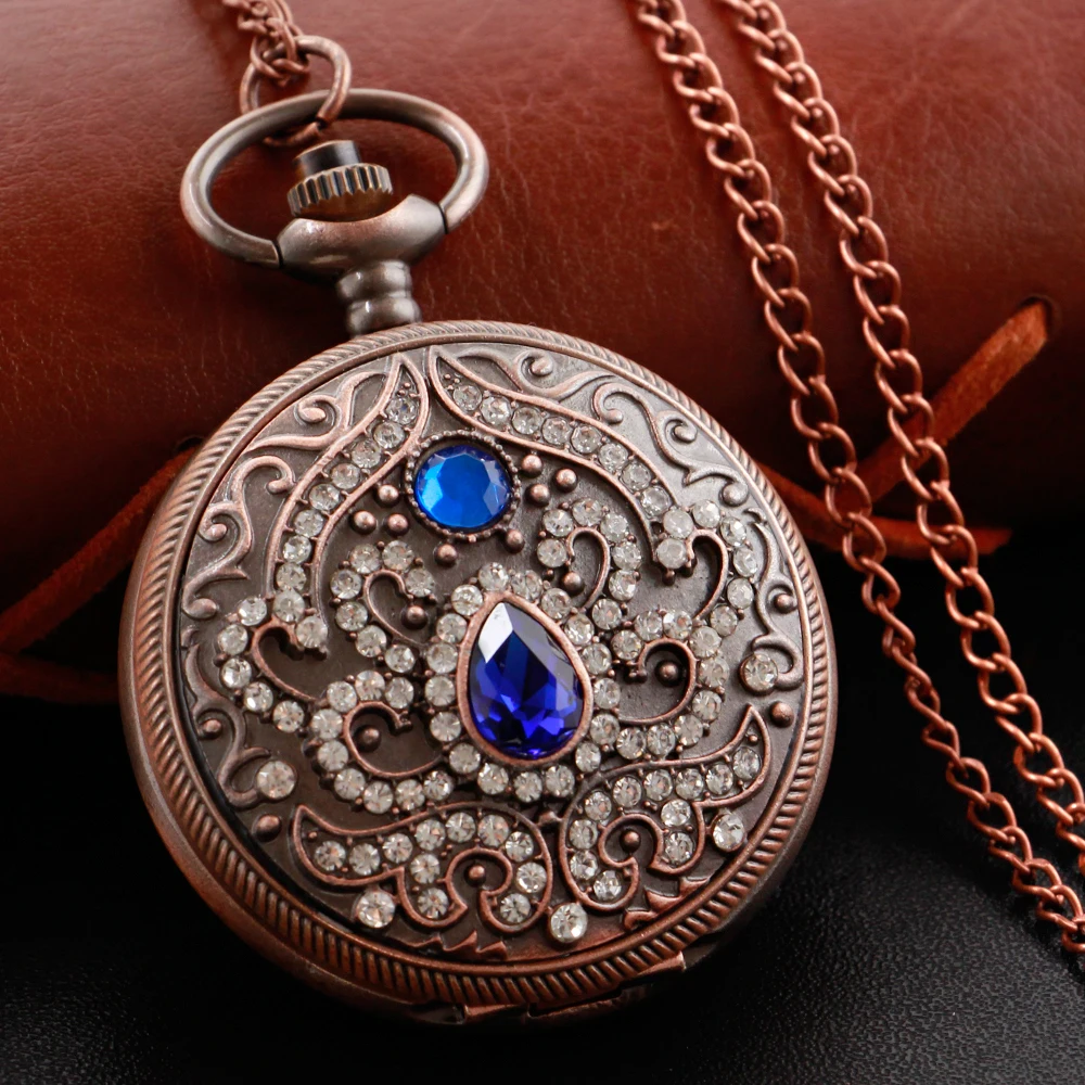 Gold Diamond Luxury Emerald Gem Pocket Watch Necklace Digital Pendant Chain Clock Fashion Sculpture Women's Men's Gift