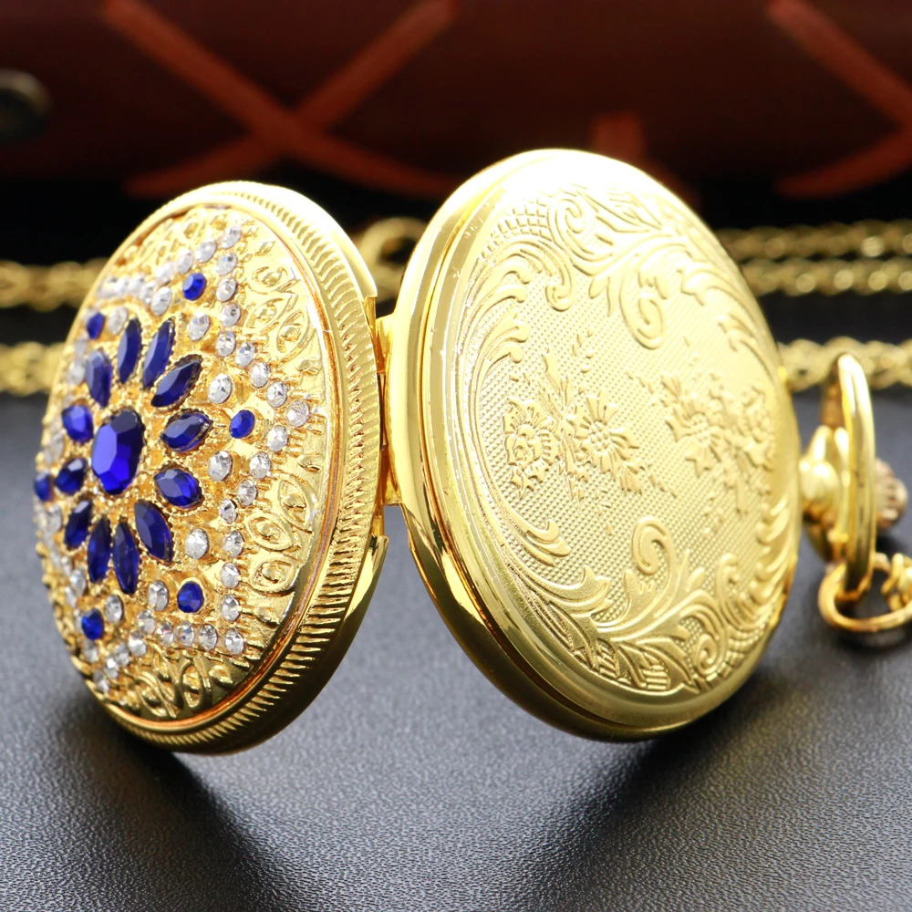 Gold Diamond Luxury Emerald Gem Pocket Watch Necklace Digital Pendant Chain Clock Fashion Sculpture Women's Men's Gift