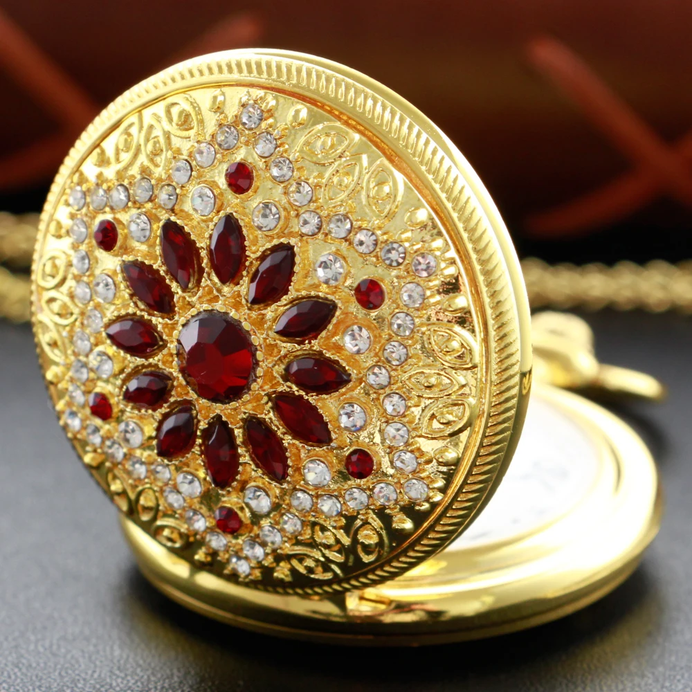 Gold Diamond Luxury Emerald Gem Pocket Watch Necklace Digital Pendant Chain Clock Fashion Sculpture Women's Men's Gift