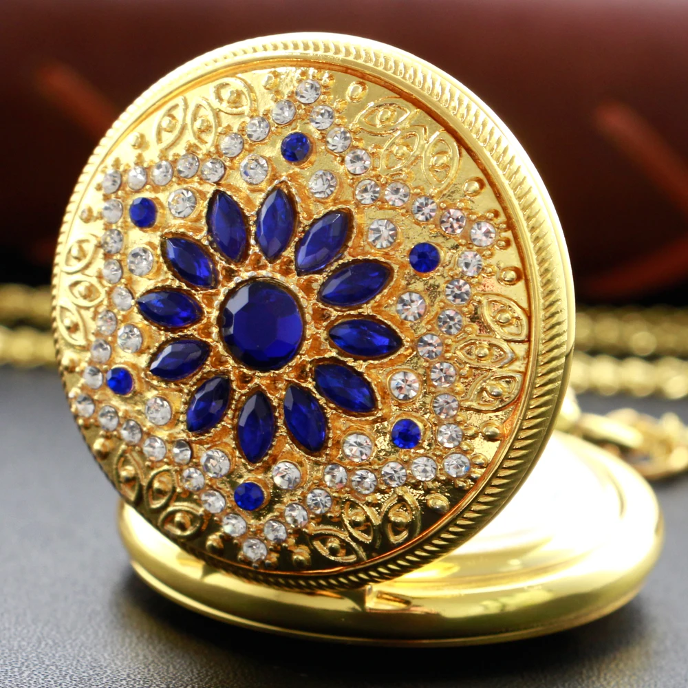 Gold Diamond Luxury Emerald Gem Pocket Watch Necklace Digital Pendant Chain Clock Fashion Sculpture Women's Men's Gift