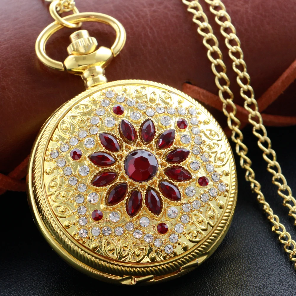 Gold Diamond Luxury Emerald Gem Pocket Watch Necklace Digital Pendant Chain Clock Fashion Sculpture Women's Men's Gift