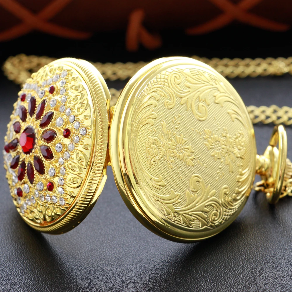 Gold Diamond Luxury Emerald Gem Pocket Watch Necklace Digital Pendant Chain Clock Fashion Sculpture Women's Men's Gift
