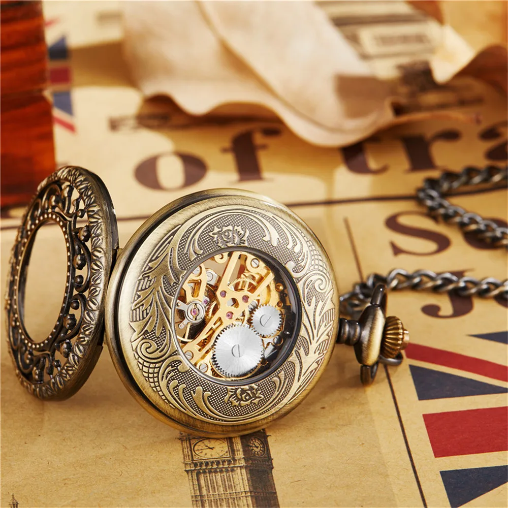 Vintage Luxury Mechanical Pocket Watch Men Xmas Gift Retro Hand-Winding Movement Roman Numerals Display Manual Pocket Timepiece