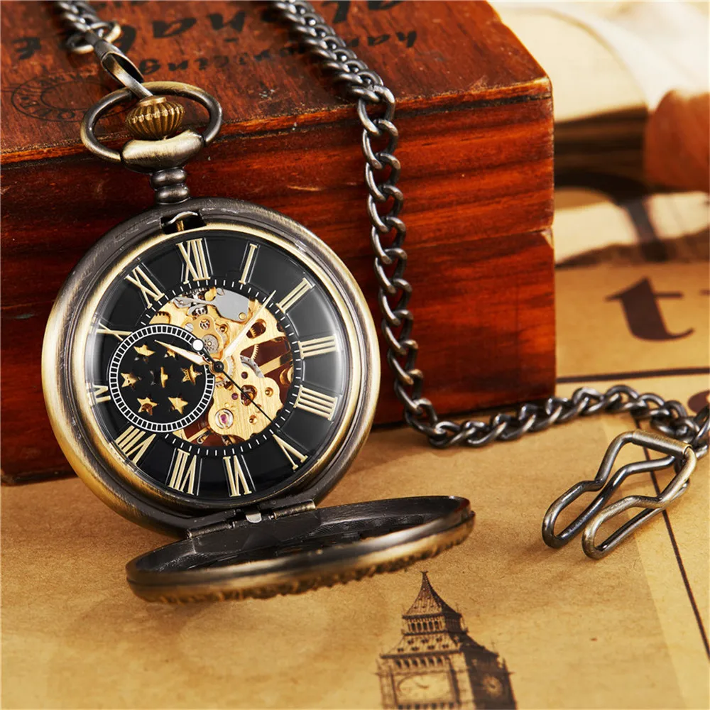 Vintage Luxury Mechanical Pocket Watch Men Xmas Gift Retro Hand-Winding Movement Roman Numerals Display Manual Pocket Timepiece