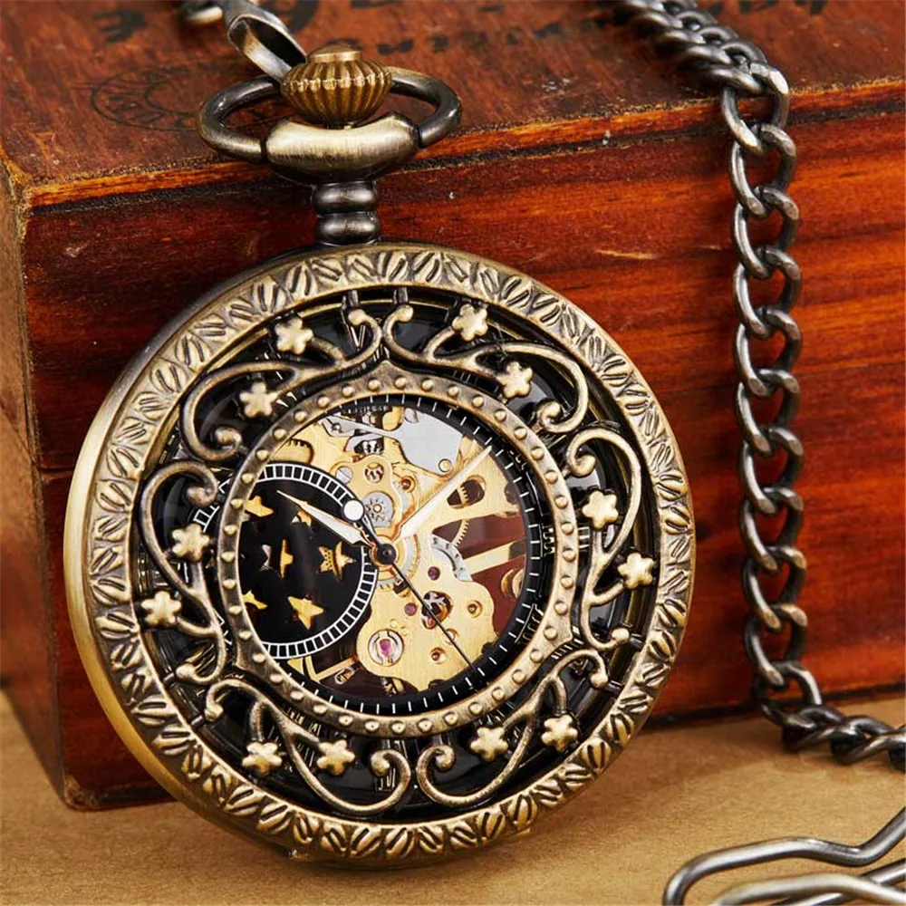 Vintage Luxury Mechanical Pocket Watch Men Xmas Gift Retro Hand-Winding Movement Roman Numerals Display Manual Pocket Timepiece