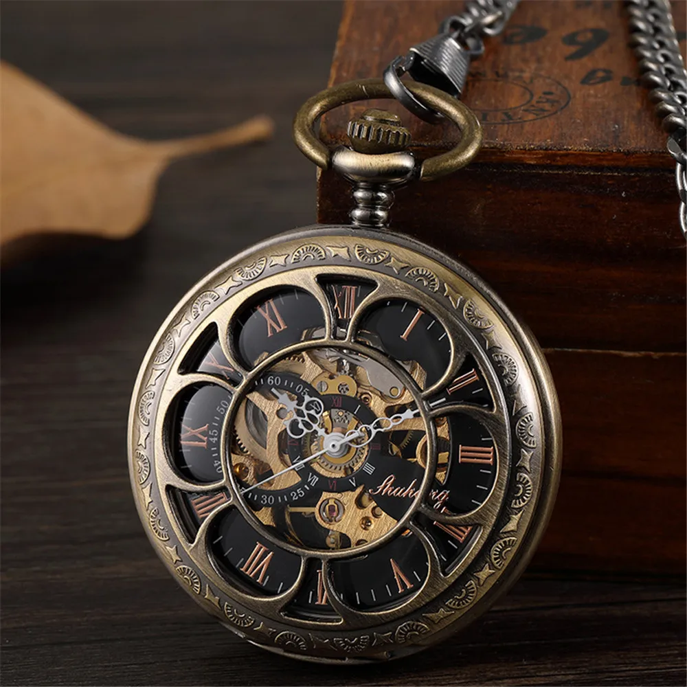 Vintage Luxury Mechanical Pocket Watch Men Xmas Gift Retro Hand-Winding Movement Roman Numerals Display Manual Pocket Timepiece
