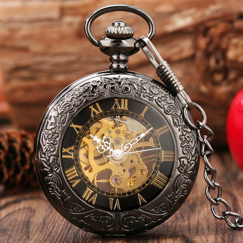 Vintage Luxury Mechanical Pocket Watch Men Xmas Gift Retro Hand-Winding Movement Roman Numerals Display Manual Pocket Timepiece