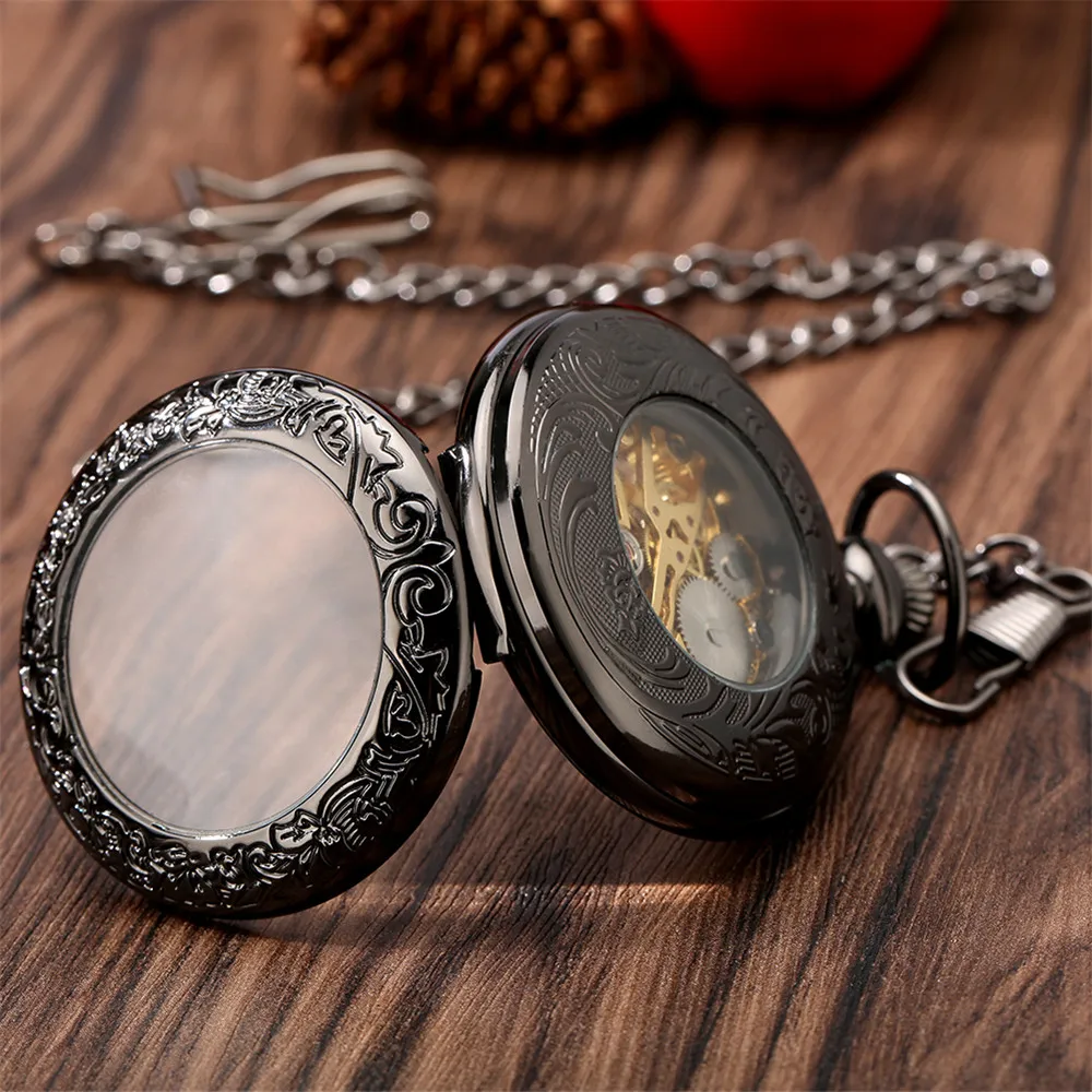 Gold Roman Numerals Transparent Glass Manual Mechanical Pocket Watch Retro Chain Clock Gift for Male Antique Hand Winding Clock