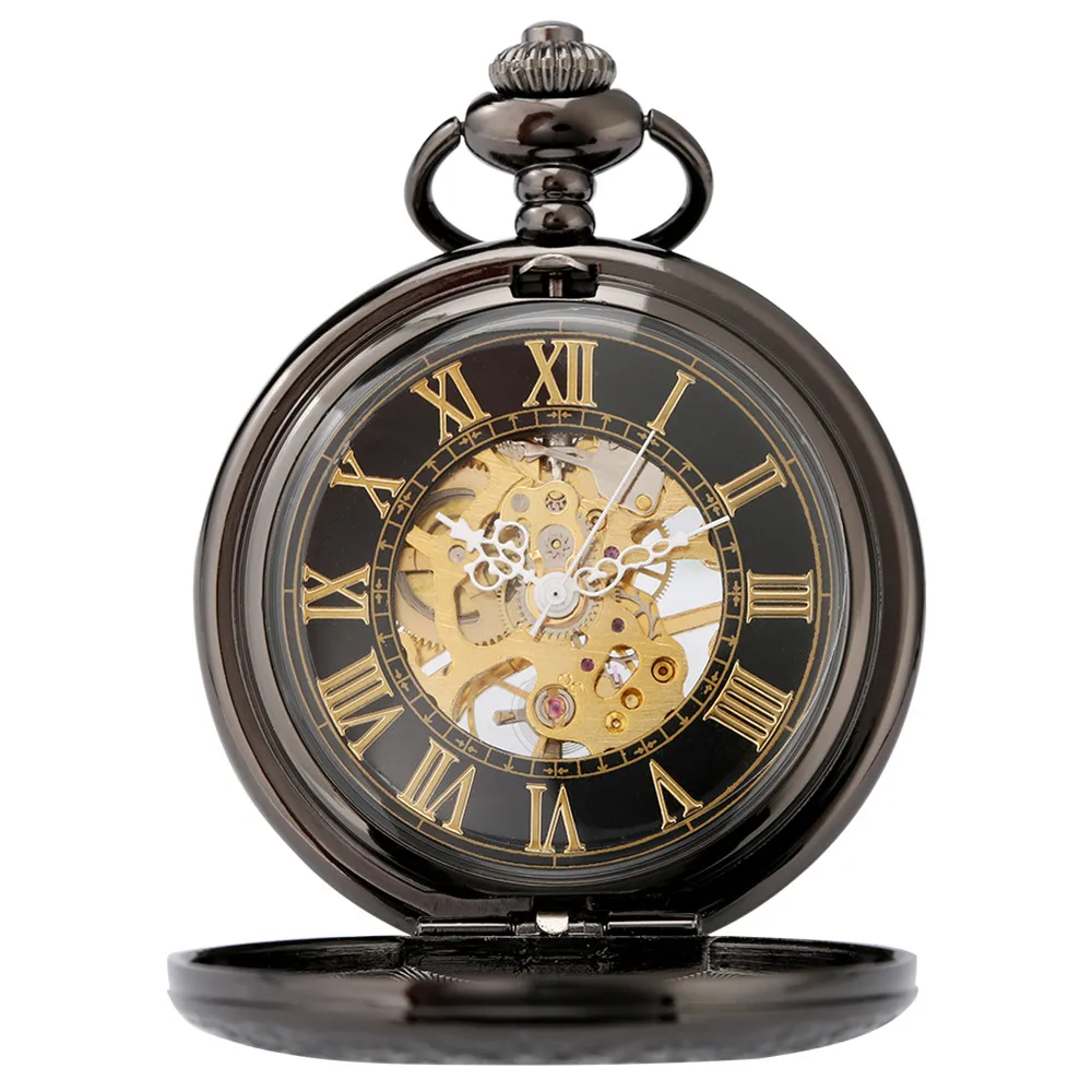 Gold Roman Numerals Transparent Glass Manual Mechanical Pocket Watch Retro Chain Clock Gift for Male Antique Hand Winding Clock
