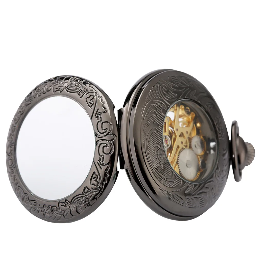 Gold Roman Numerals Transparent Glass Manual Mechanical Pocket Watch Retro Chain Clock Gift for Male Antique Hand Winding Clock
