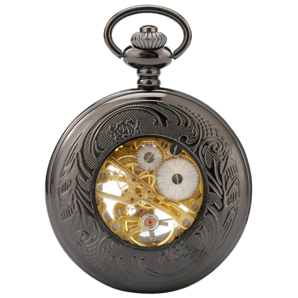 Gold Roman Numerals Transparent Glass Manual Mechanical Pocket Watch Retro Chain Clock Gift for Male Antique Hand Winding Clock