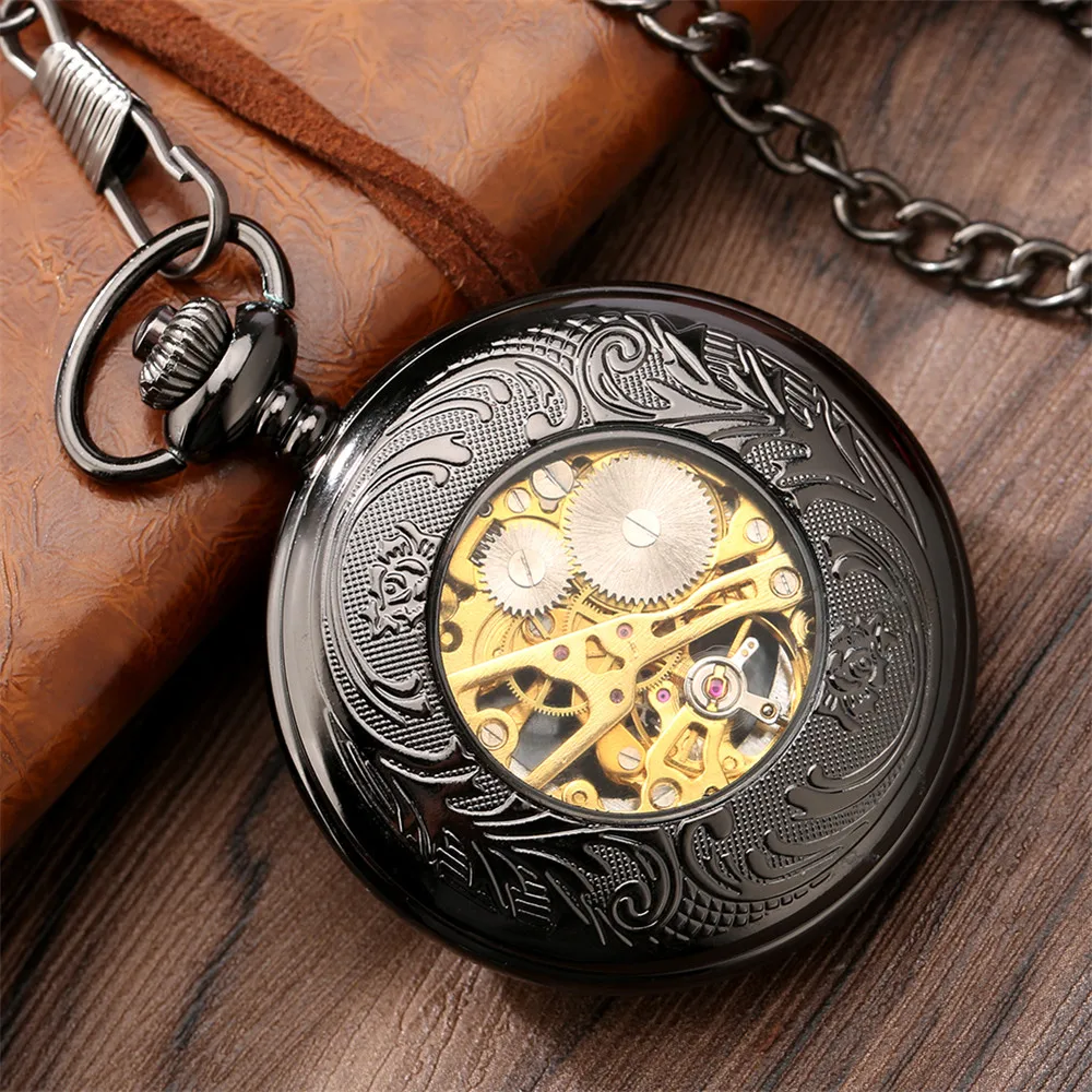 Gold Roman Numerals Transparent Glass Manual Mechanical Pocket Watch Retro Chain Clock Gift for Male Antique Hand Winding Clock