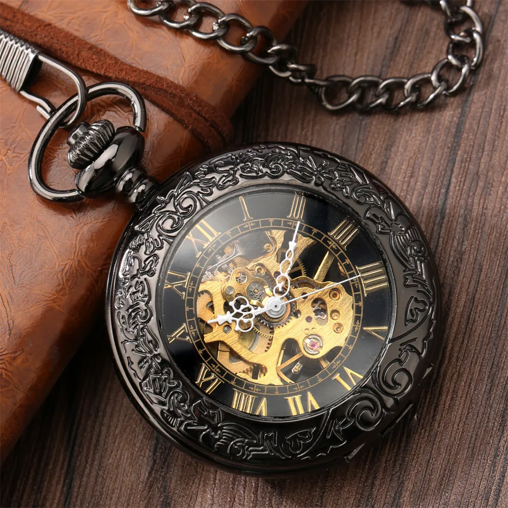 Gold Roman Numerals Transparent Glass Manual Mechanical Pocket Watch Retro Chain Clock Gift for Male Antique Hand Winding Clock