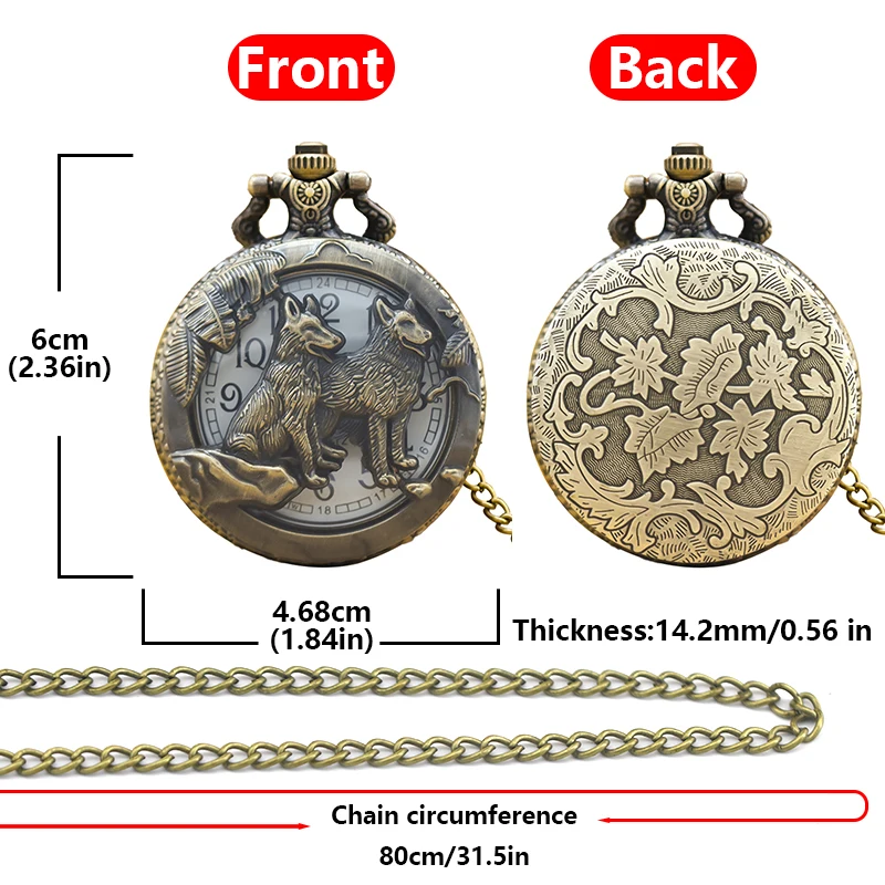 Steampunk Vintage Bronze Cutout Animal Wolf Quartz Pocket Watch Necklace Pendant Clock Chain Men Women Chain Gift