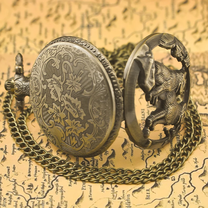 Steampunk Vintage Bronze Cutout Animal Wolf Quartz Pocket Watch Necklace Pendant Clock Chain Men Women Chain Gift