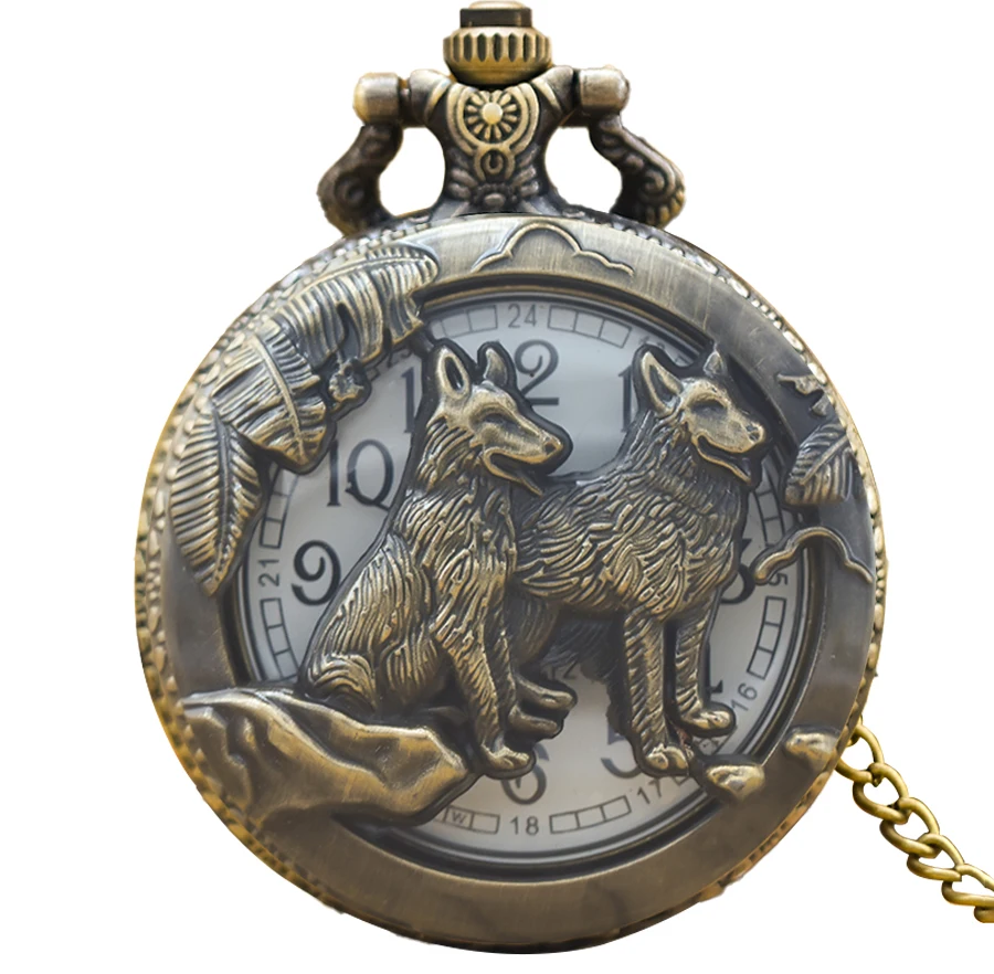 Steampunk Vintage Bronze Cutout Animal Wolf Quartz Pocket Watch Necklace Pendant Clock Chain Men Women Chain Gift