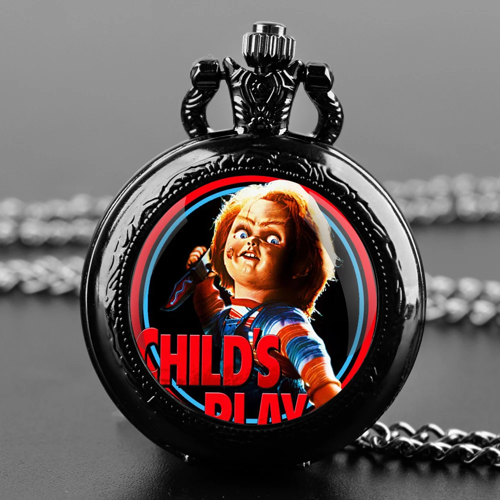 Creative Horror Design Glass Dome Quartz Pocket Watch Necklace Pendant Clock Vintage Men Women Kids Gift Clock Halloween Gift