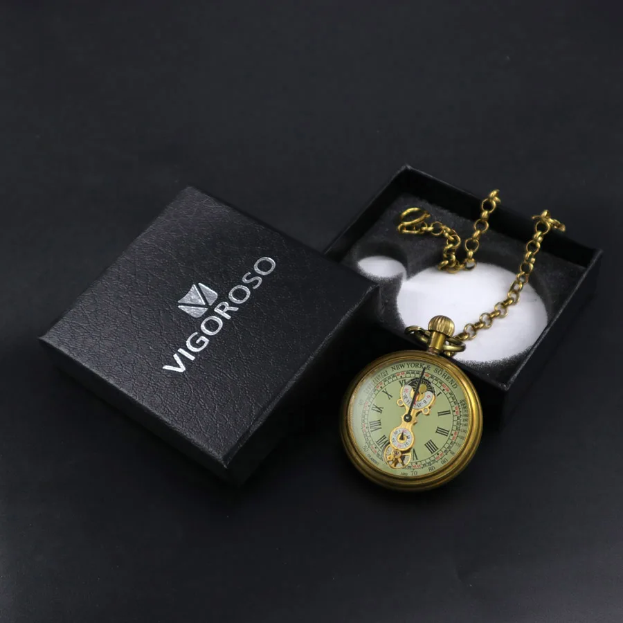 Luxury Antique Vintage Brass Mechanical Pocket Watch Moon-Phase Sub-dial Tourbillon Roman Numerals with Chain Men Women Gifts
