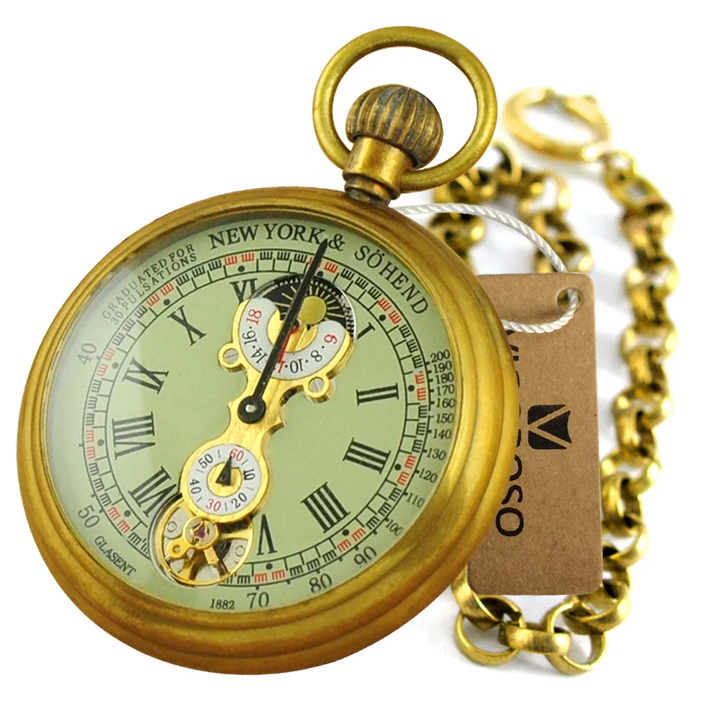 Luxury Antique Vintage Brass Mechanical Pocket Watch Moon-Phase Sub-dial Tourbillon Roman Numerals with Chain Men Women Gifts