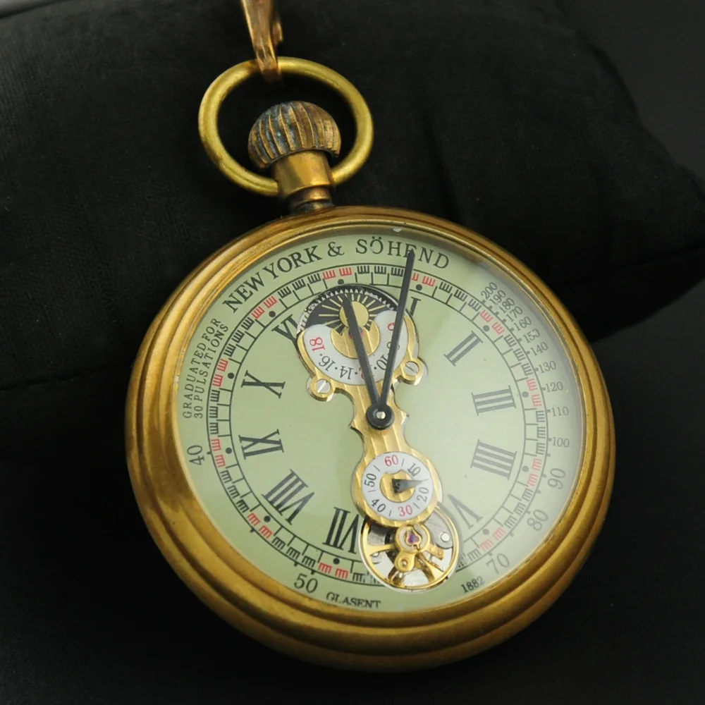 Luxury Antique Vintage Brass Mechanical Pocket Watch Moon-Phase Sub-dial Tourbillon Roman Numerals with Chain Men Women Gifts