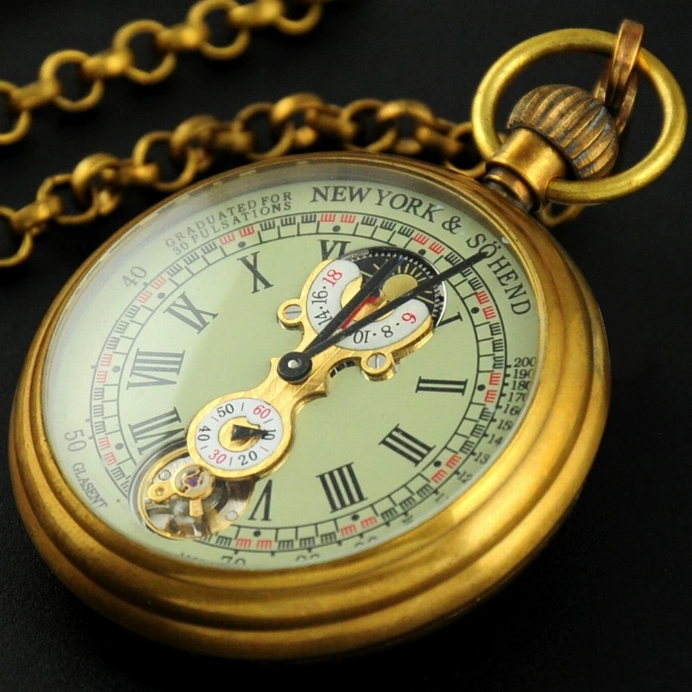 Luxury Antique Vintage Brass Mechanical Pocket Watch Moon-Phase Sub-dial Tourbillon Roman Numerals with Chain Men Women Gifts