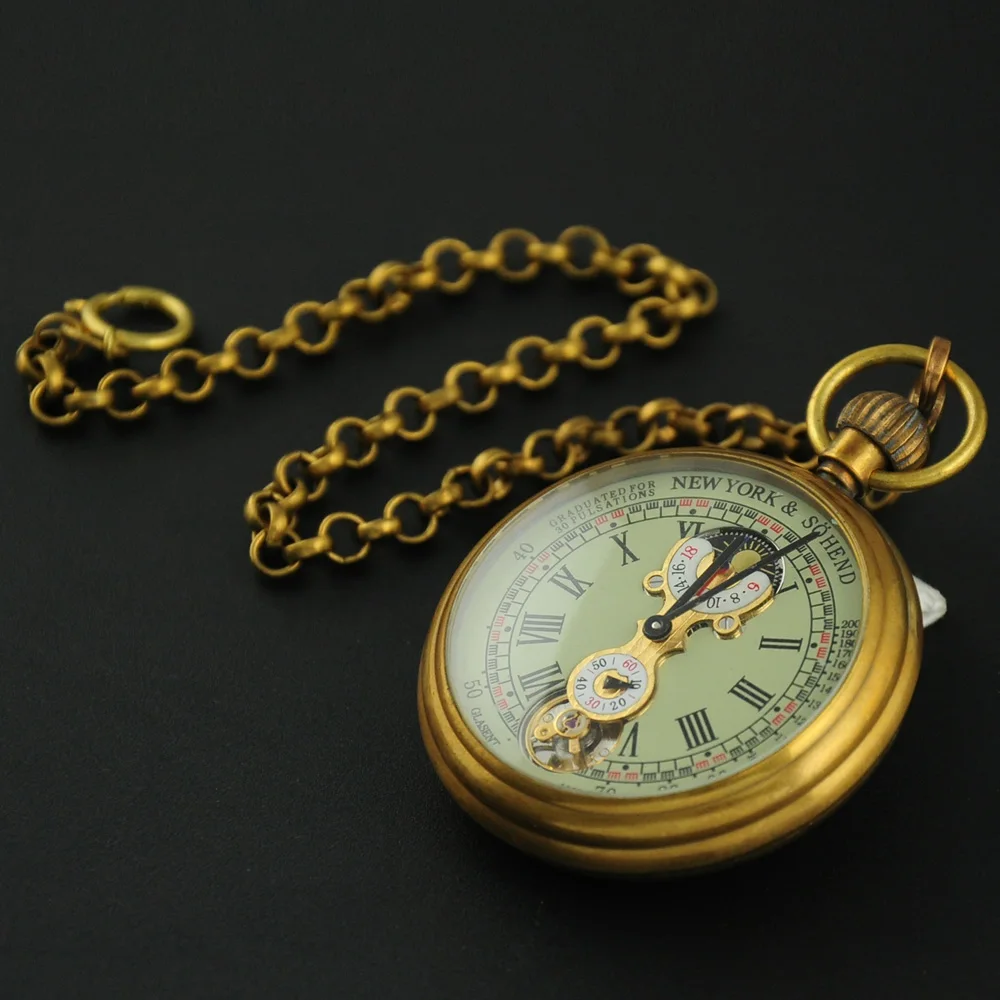 Luxury Antique Vintage Brass Mechanical Pocket Watch Moon-Phase Sub-dial Tourbillon Roman Numerals with Chain Men Women Gifts
