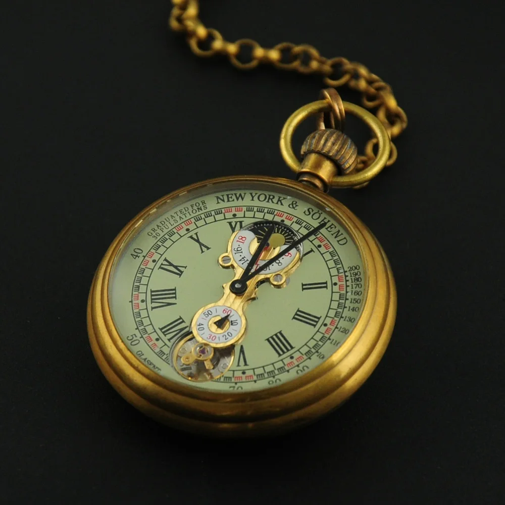 Luxury Antique Vintage Brass Mechanical Pocket Watch Moon-Phase Sub-dial Tourbillon Roman Numerals with Chain Men Women Gifts