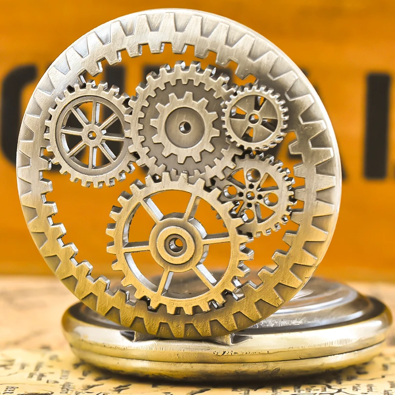 Vintage Bronze Steampunk Copper Cutout Gear Quartz Pocket Watch Necklace Pendant Clock Chain Men Women Chain Gift