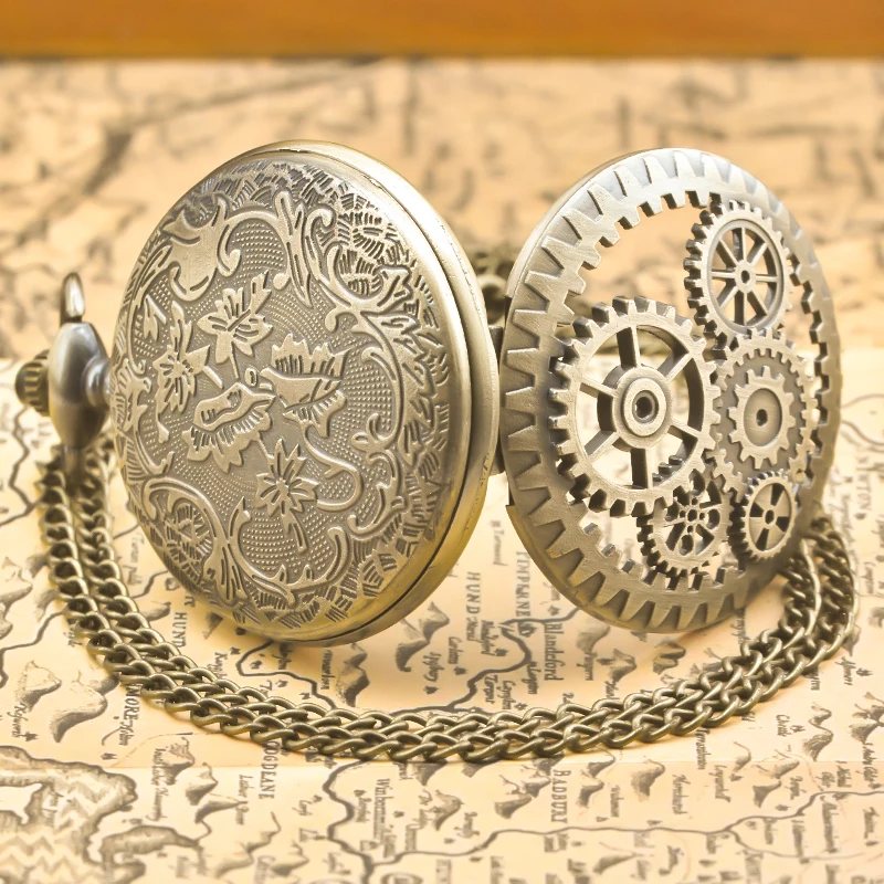 Vintage Bronze Steampunk Copper Cutout Gear Quartz Pocket Watch Necklace Pendant Clock Chain Men Women Chain Gift