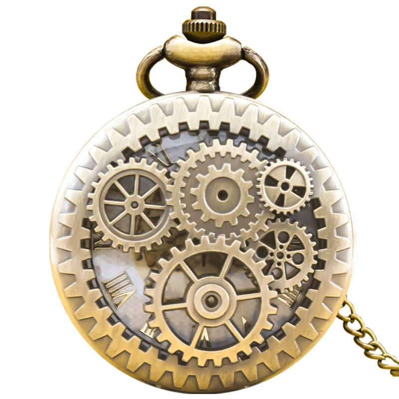 Vintage Bronze Steampunk Copper Cutout Gear Quartz Pocket Watch Necklace Pendant Clock Chain Men Women Chain Gift