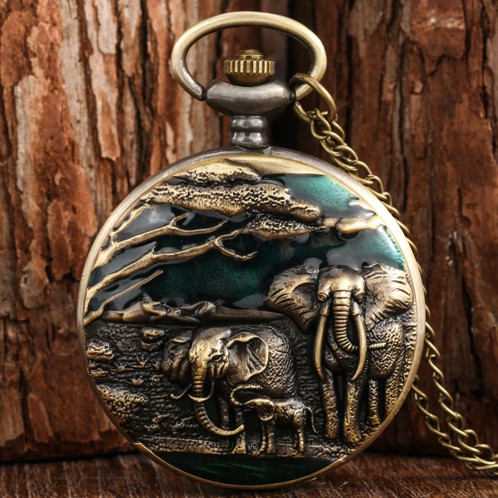 New Elephant Vivid Engraving Vintage Bronze Arabic Literal Quartz Large Pocket Watch Sweater Chain Men Women Pendant Clock Gift
