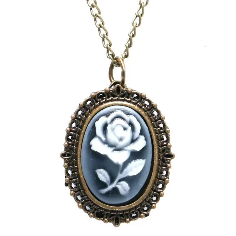 Steampunk Retro Bronze Beauty And Flower-Carved Quartz Pocket Watch Necklace Pendant Clock Chain Women's Gift