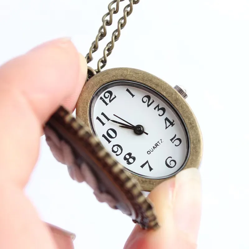 Steampunk Retro Bronze Beauty And Flower-Carved Quartz Pocket Watch Necklace Pendant Clock Chain Women's Gift