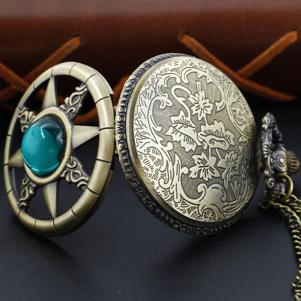 Antique Steampunk Hollow Green Crystal Emerald Imitation Stone Quartz Pocket Watch Necklace Woman Fob Watch TD2130