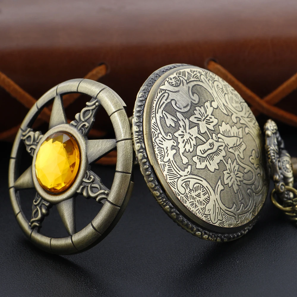 Antique Steampunk Hollow Green Crystal Emerald Imitation Stone Quartz Pocket Watch Necklace Woman Fob Watch TD2130