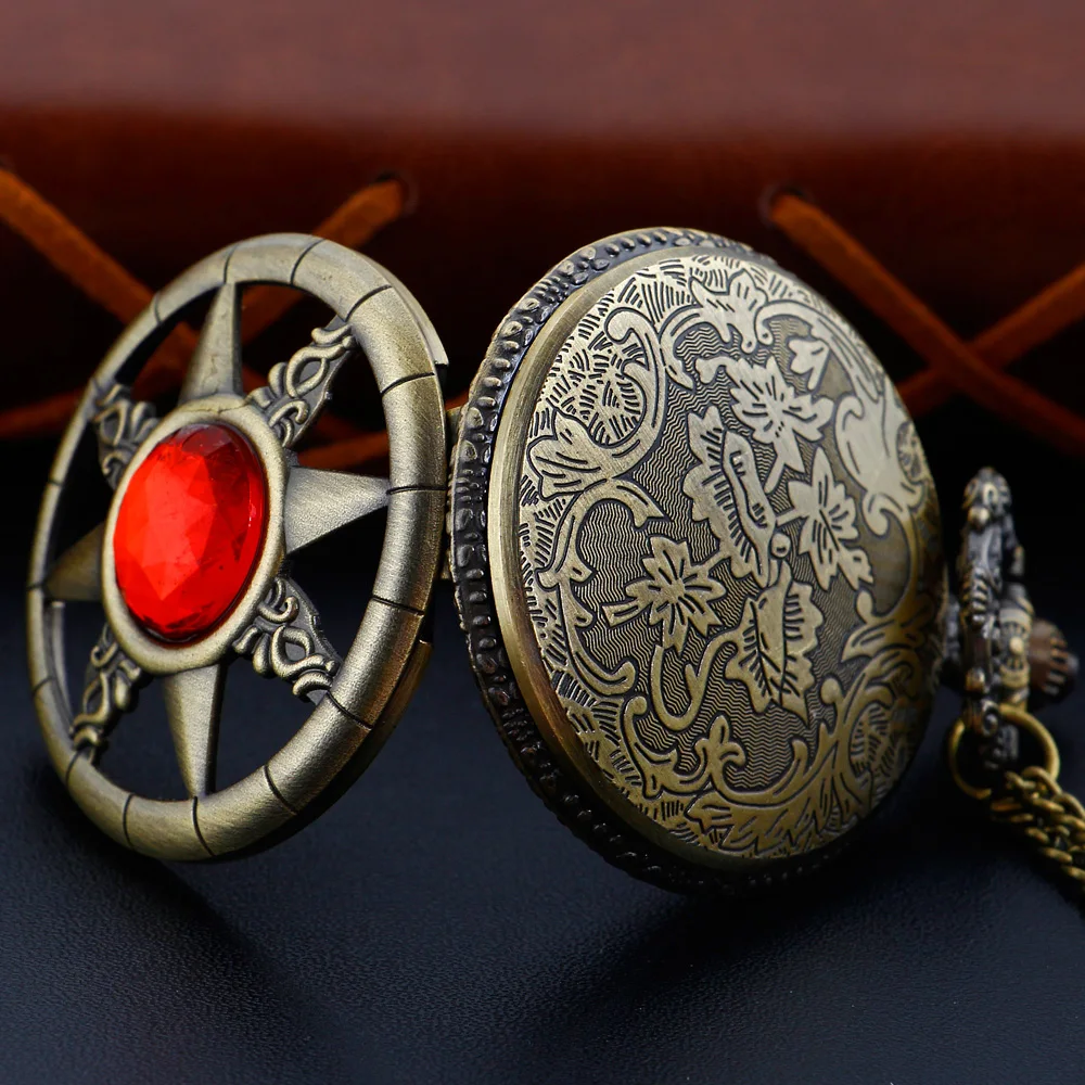 Antique Steampunk Hollow Green Crystal Emerald Imitation Stone Quartz Pocket Watch Necklace Woman Fob Watch TD2130