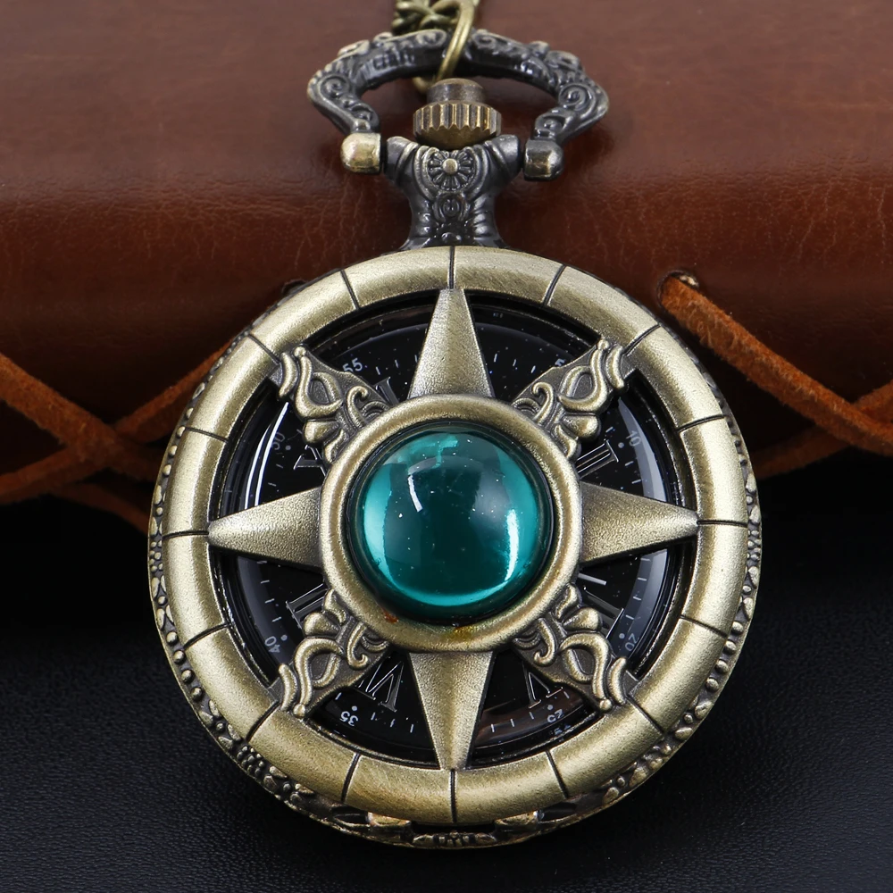 Antique Steampunk Hollow Green Crystal Emerald Imitation Stone Quartz Pocket Watch Necklace Woman Fob Watch TD2130