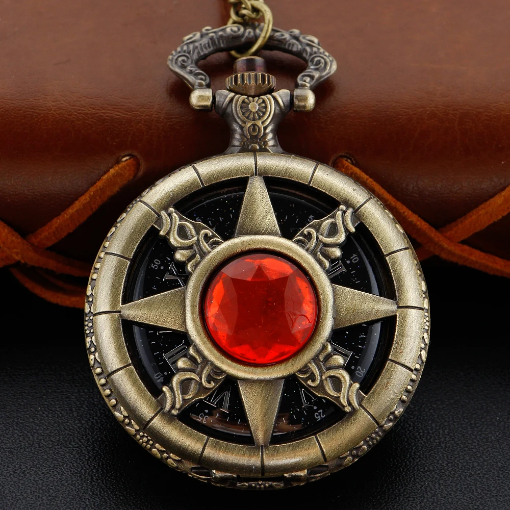 Antique Steampunk Hollow Green Crystal Emerald Imitation Stone Quartz Pocket Watch Necklace Woman Fob Watch TD2130