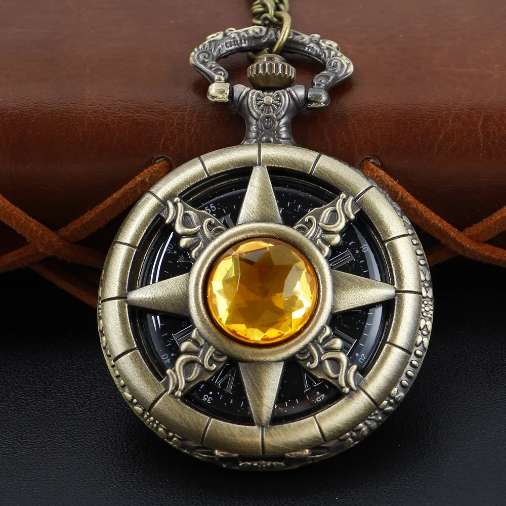 Antique Steampunk Hollow Green Crystal Emerald Imitation Stone Quartz Pocket Watch Necklace Woman Fob Watch TD2130