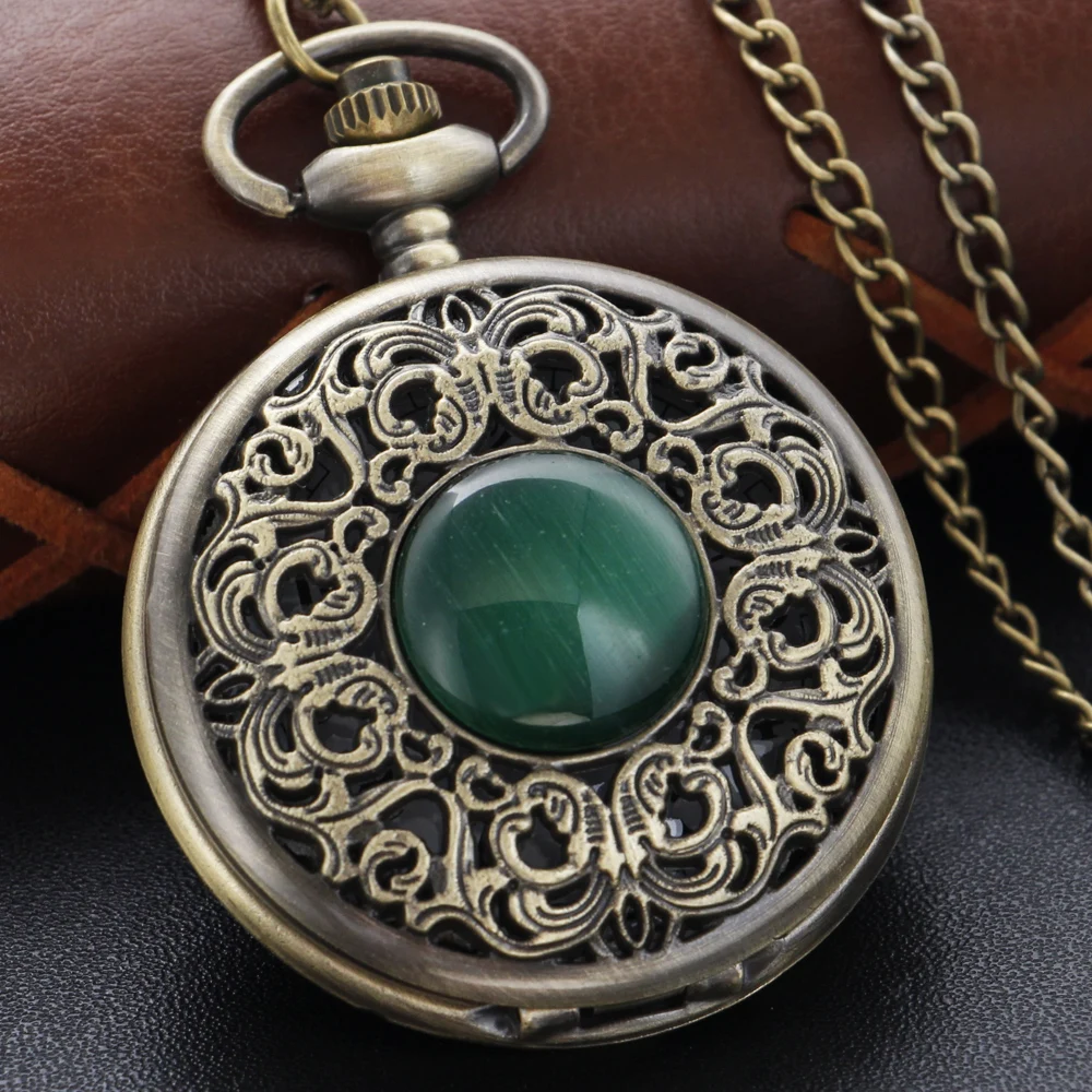 Antique Steampunk Hollow Green Crystal Emerald Imitation Stone Quartz Pocket Watch Necklace Woman Fob Watch TD2130