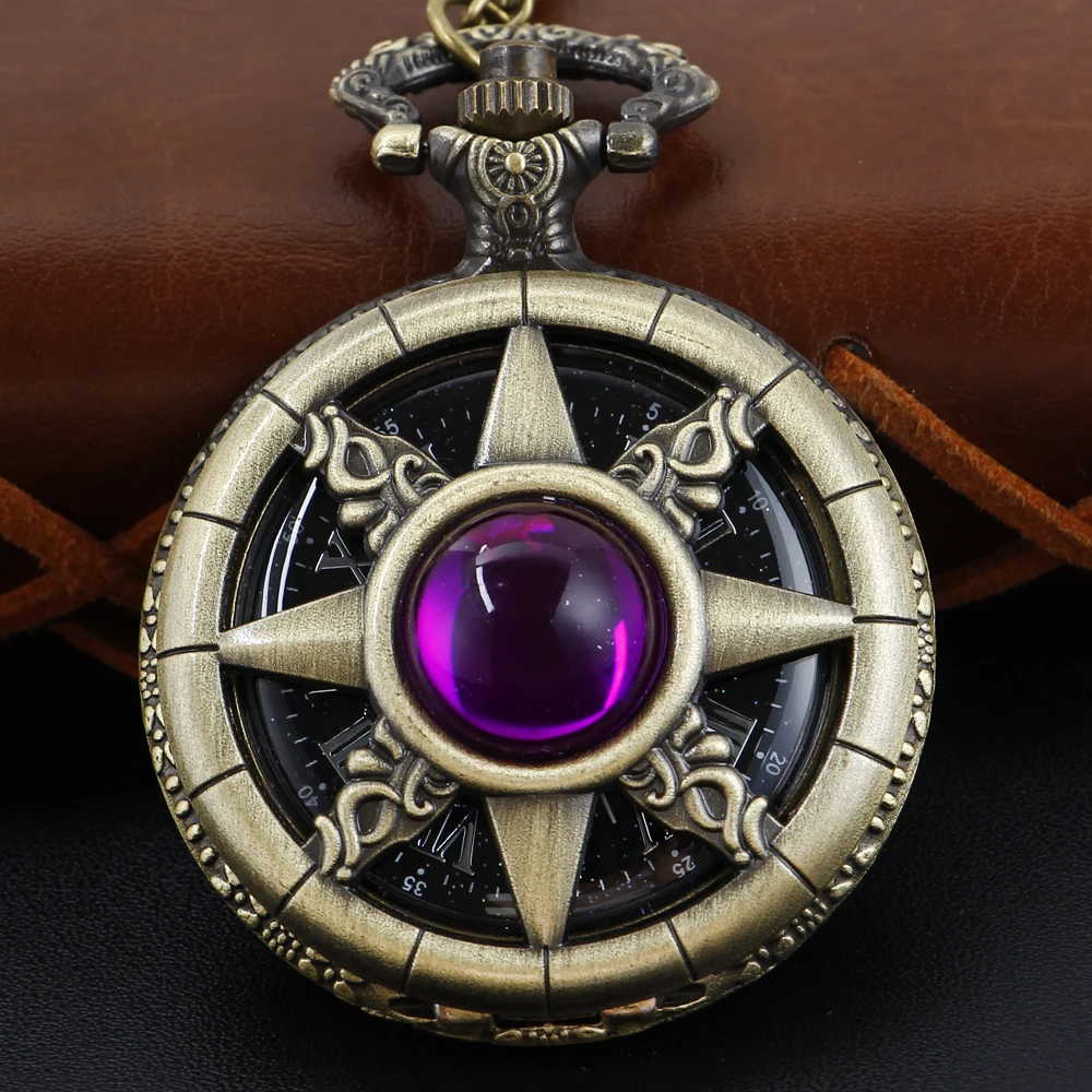 Antique Steampunk Hollow Green Crystal Emerald Imitation Stone Quartz Pocket Watch Necklace Woman Fob Watch TD2130