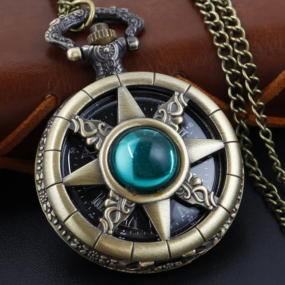 Antique Steampunk Hollow Green Crystal Emerald Imitation Stone Quartz Pocket Watch Necklace Woman Fob Watch TD2130
