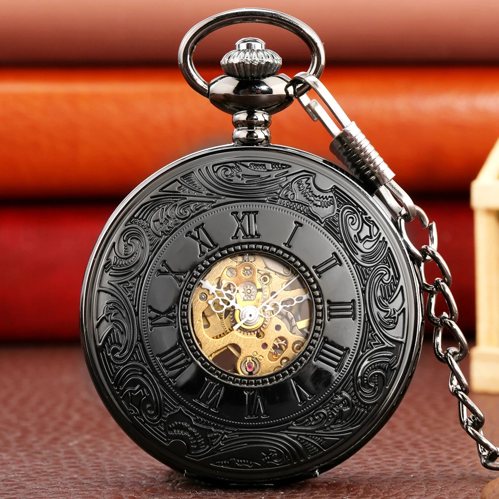 Vintage Luxury Black Metal Mechanical Pocket Watch Steampunk Watches Pin Chain Men Women Pendant Clock Gift With Gift Bag